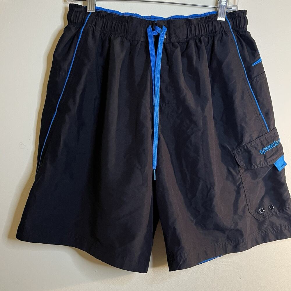 Speedo Men’s Shorts size M, black with blue trim drawstring waist pockets